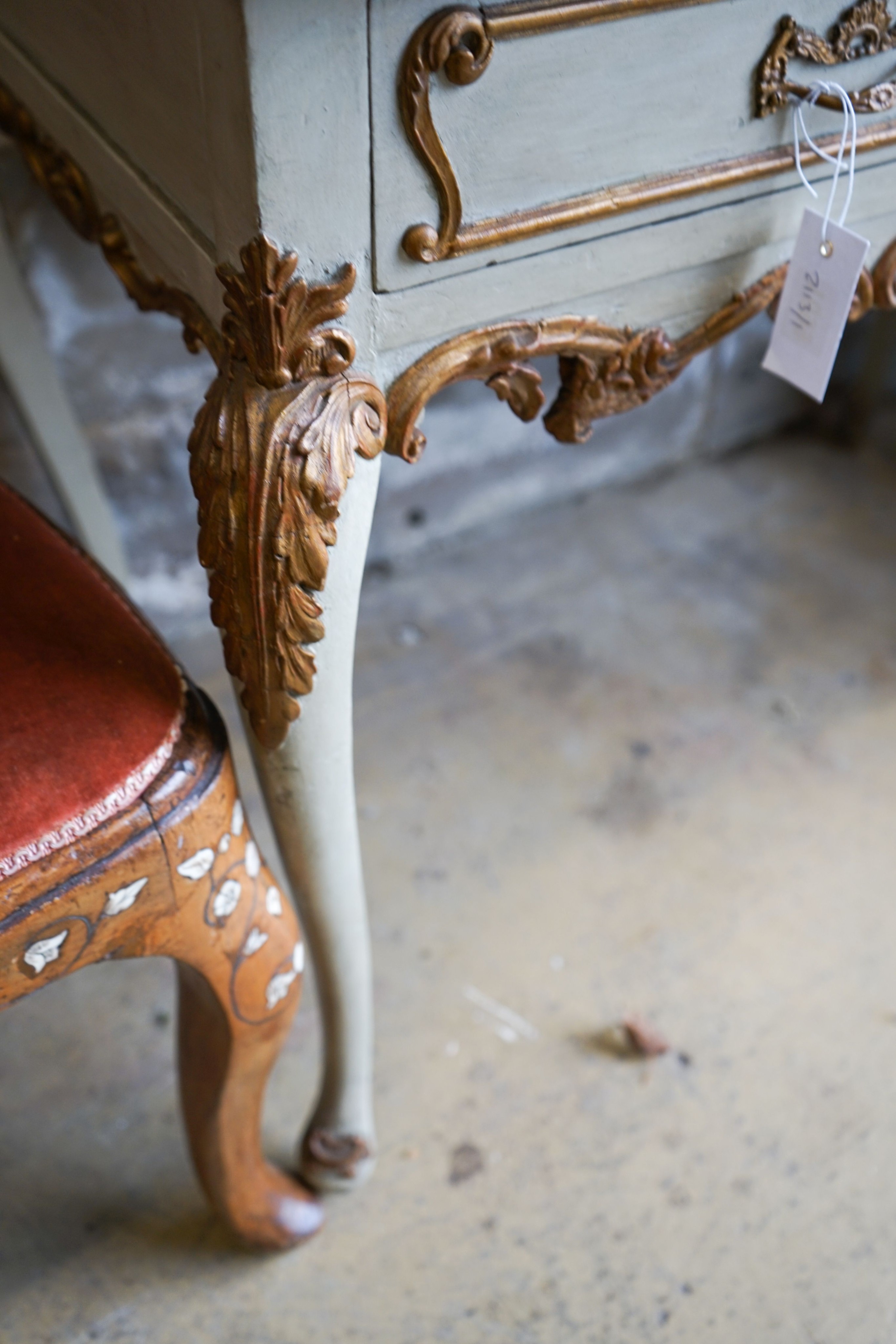 A late 19th century Italian painted and gilded two drawer side table, length 93cm, depth 53cm, height 73cm